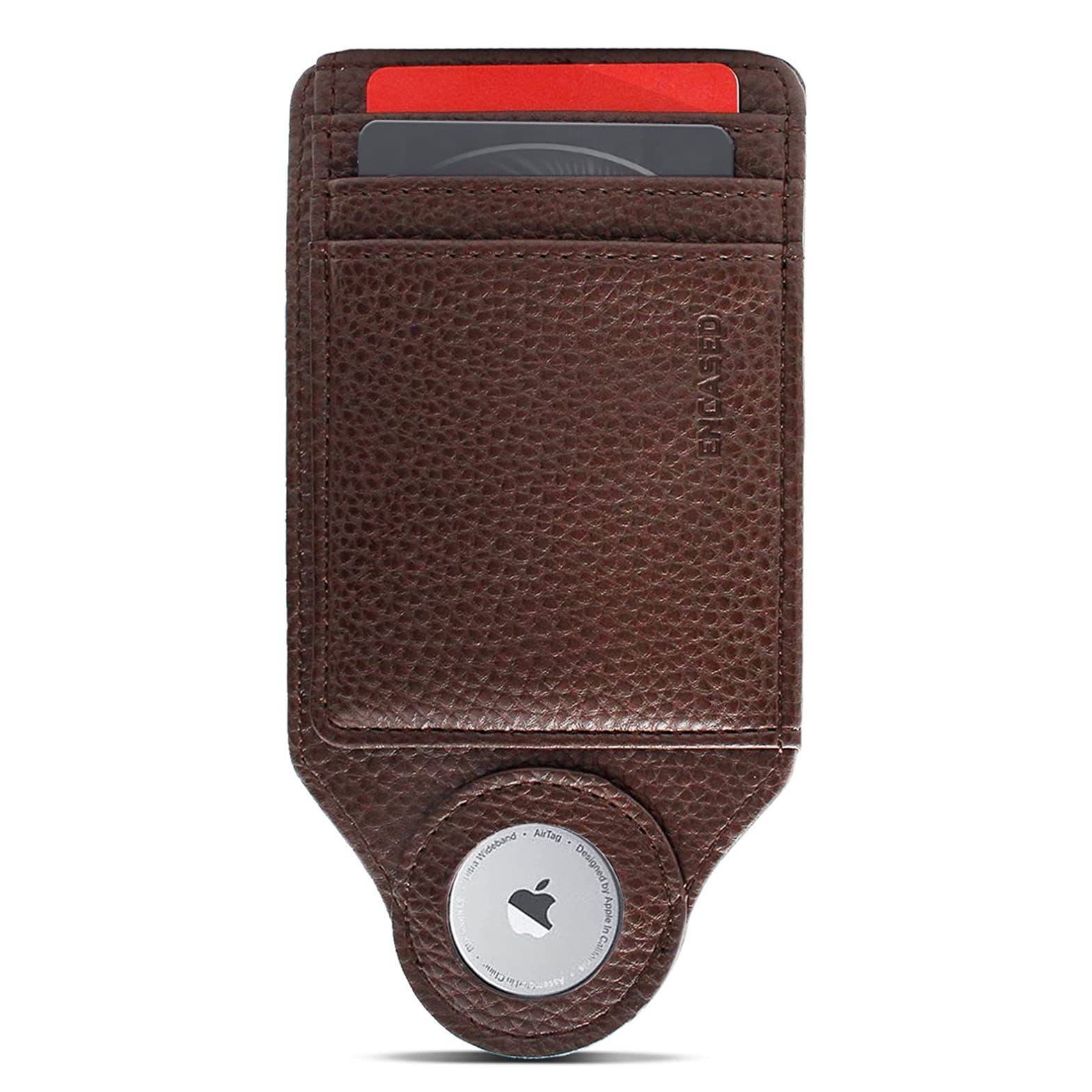 A brown leather slim wallet with two card slots and a compartment for an Apple AirTag, embossed with the brand name \“ENCASED.\“