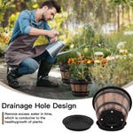 Set of three whiskey barrel planters with drainage holes, shown alongside a man watering plants.
