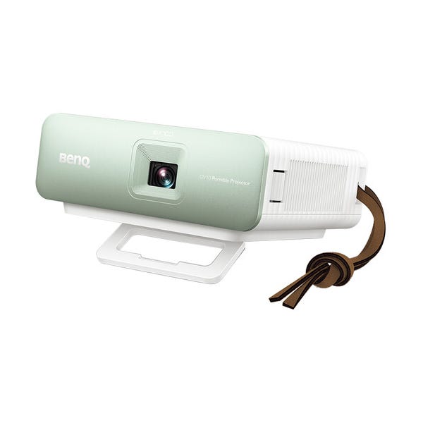 A mint green and white BenQ portable projector with a brown wrist strap.