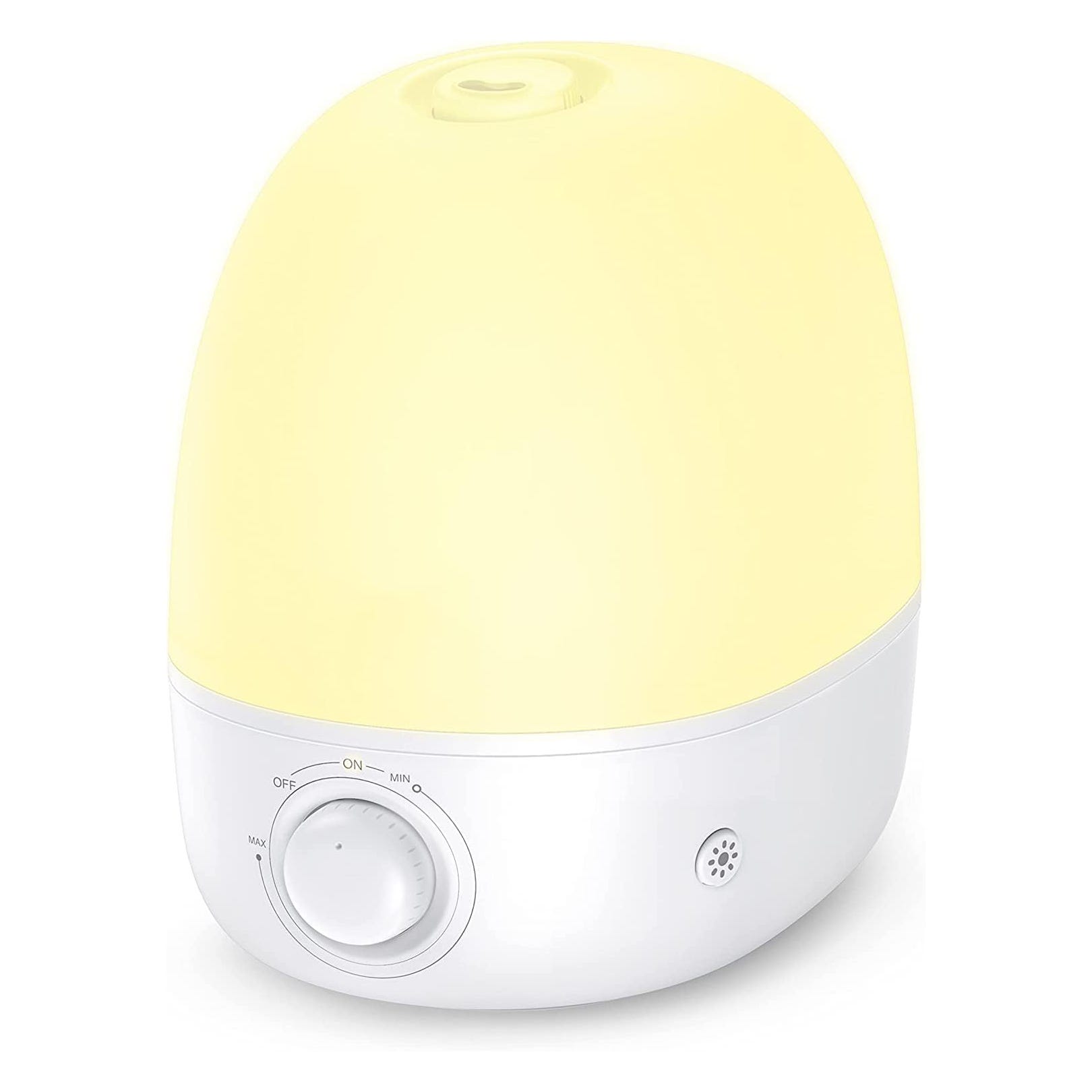 A white and yellow humidifier with a control dial on the front.