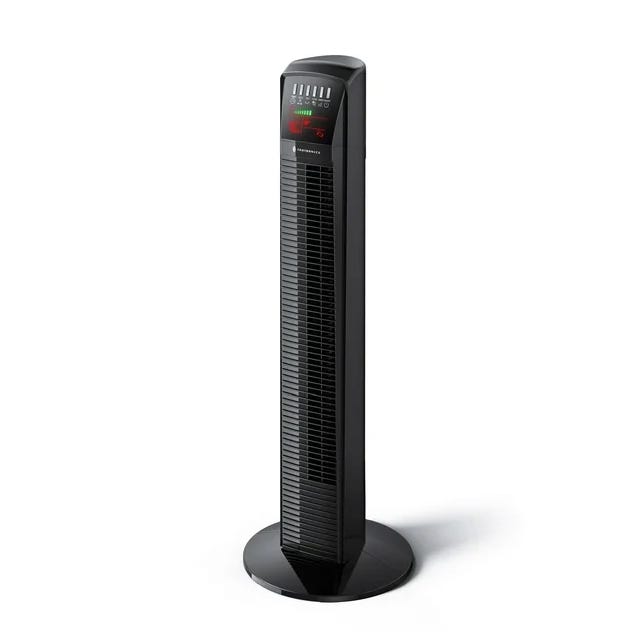 Tall, black tower fan with a digital control panel at the top, featuring buttons and a display screen, set on a circular base.