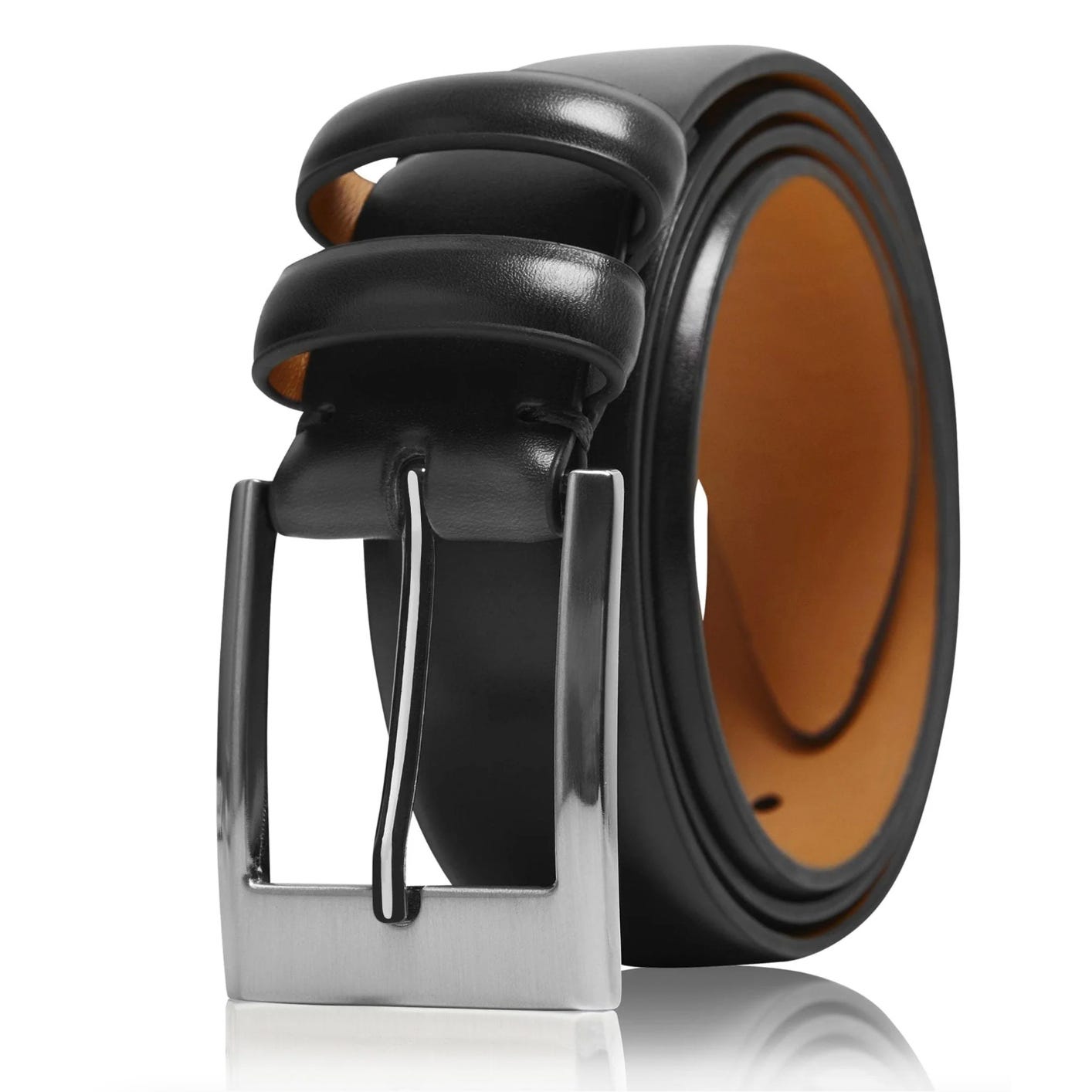 A coiled black leather belt with a silver buckle, tan interior.
