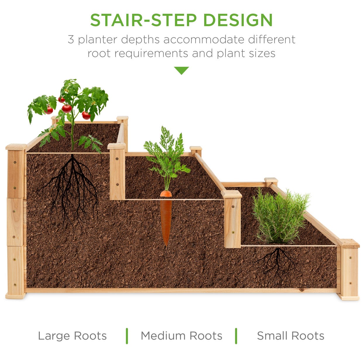 A three-tiered wooden garden bed showcasing different planter depths for varying root sizes; the tallest tier has tomato plants, the middle carrots, and the lowest rosemary.