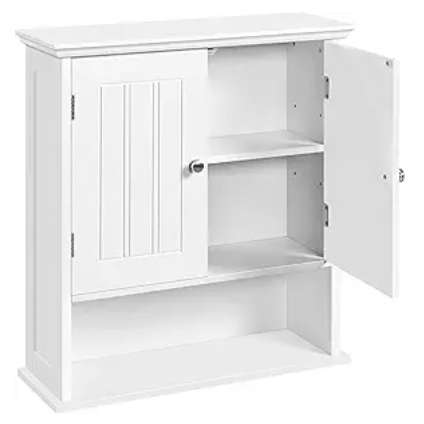 White wall-mounted cabinet with a vertical groove design on the door. It features an open lower shelf and an adjustable shelf inside, with one door open to reveal storage space.