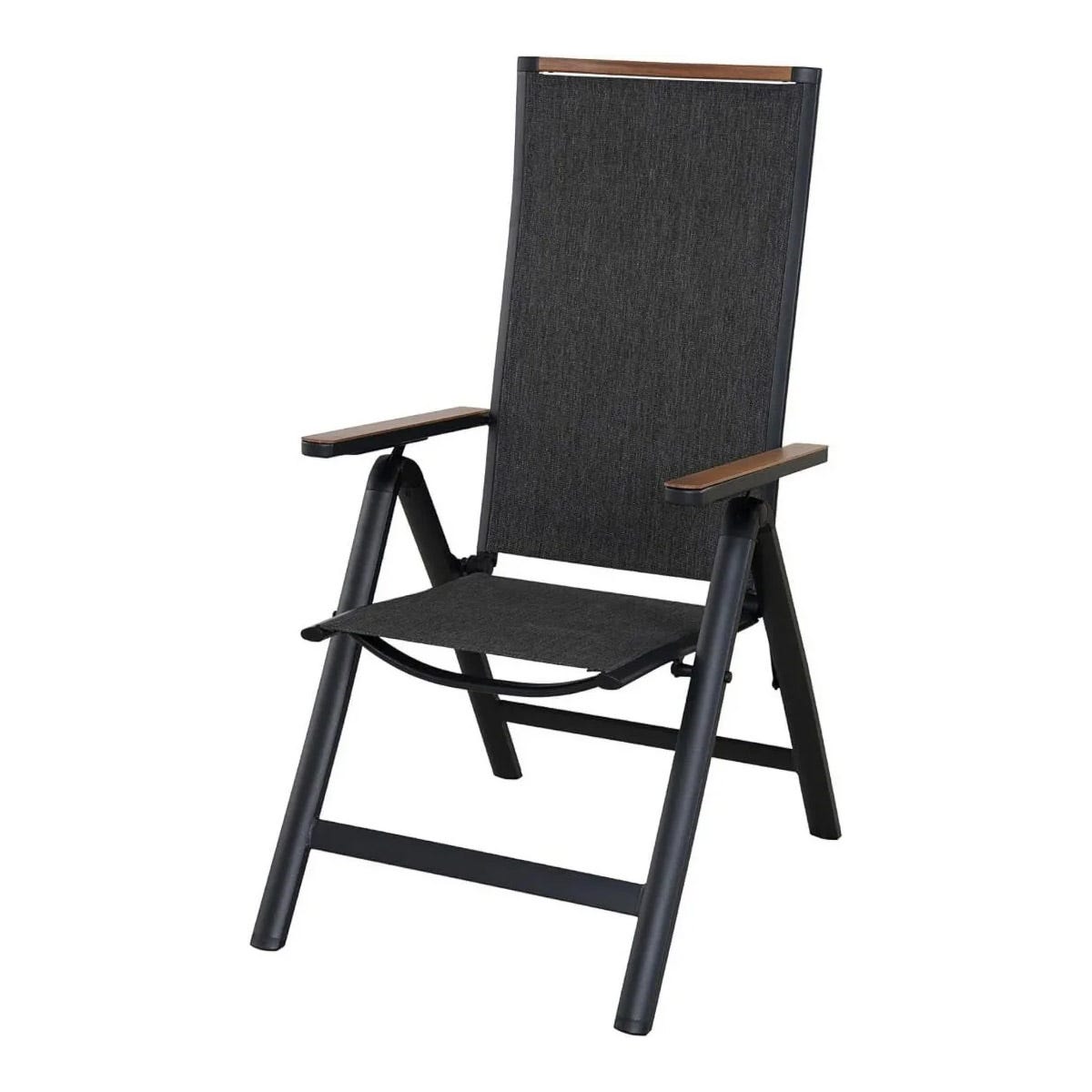 Black folding chair with wooden armrests and a high backrest.