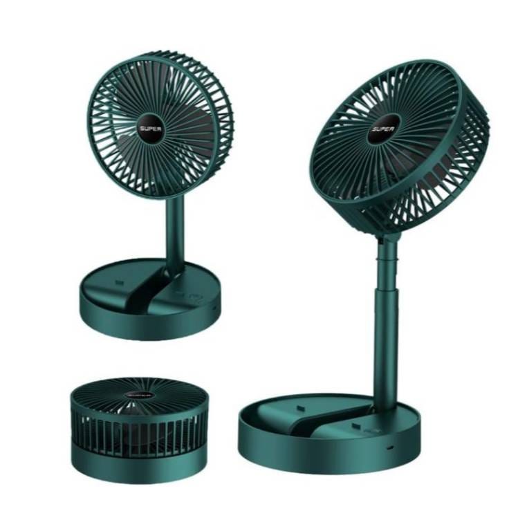 Three dark green portable table fans with adjustable height and tilting heads.