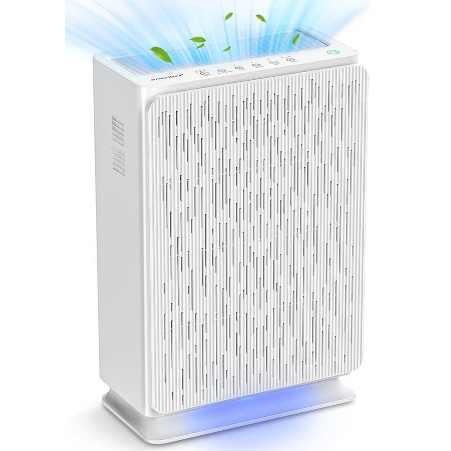 A white air purifier with a vertical slatted design and a blue light indicating operation.