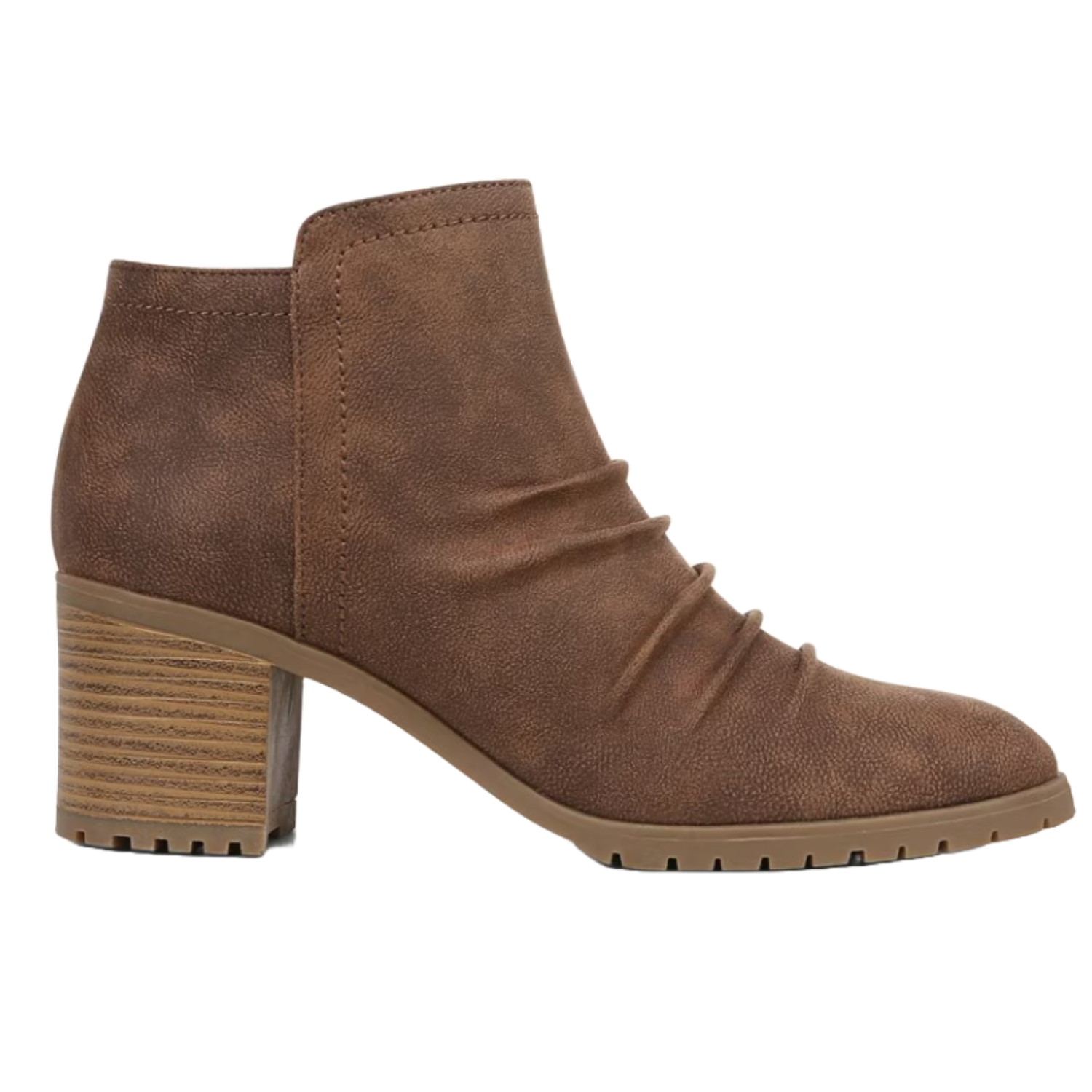 Brown ankle booties with a stacked block heel, textured upper, and subtle ruching on the vamp. Features a lug sole for added grip and a side zipper for easy wear.