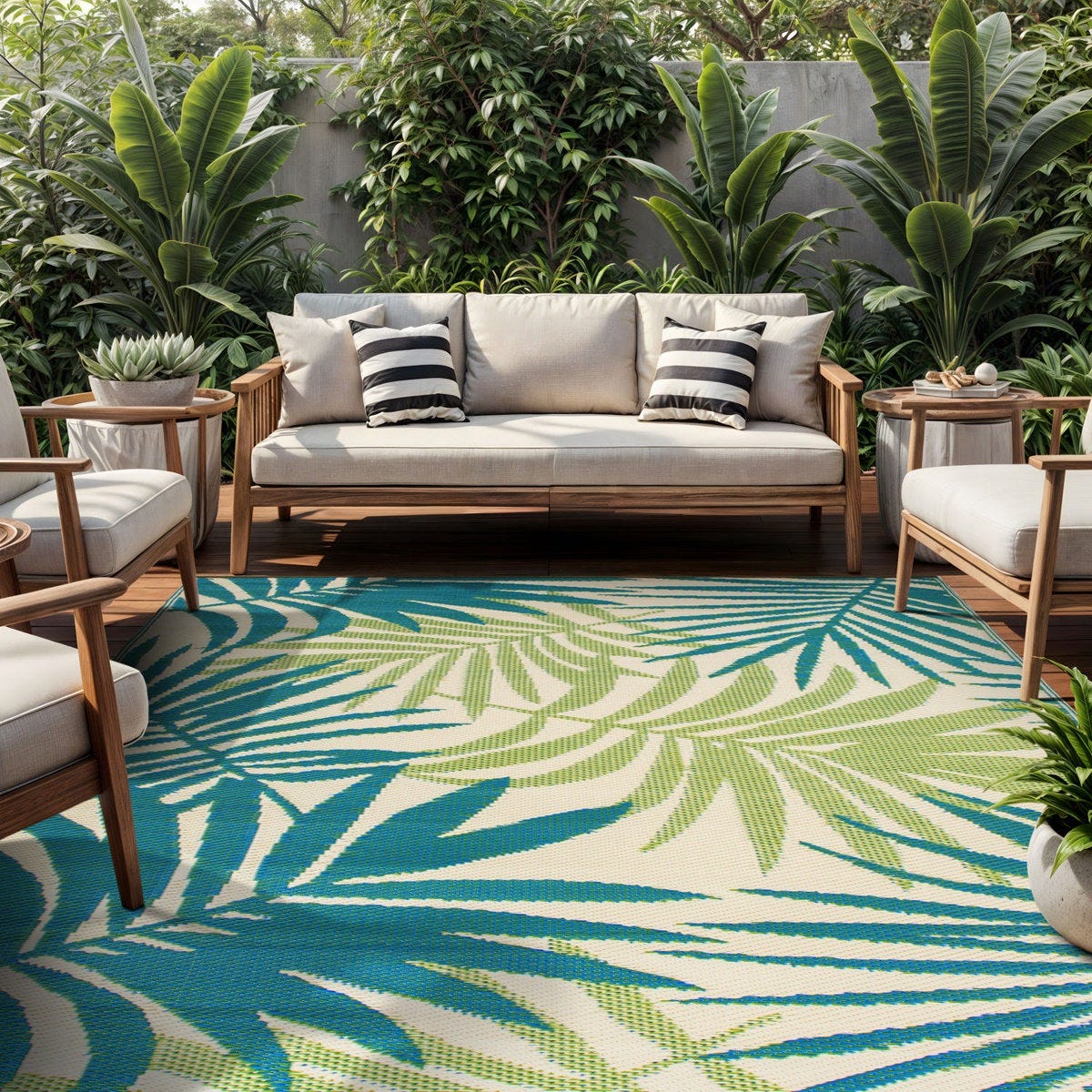 Outdoor patio setup with wooden furniture, including a sofa, chairs, and side tables, featuring light cushions and striped pillows. A tropical-themed rug and surrounding lush green plants complete the scene.