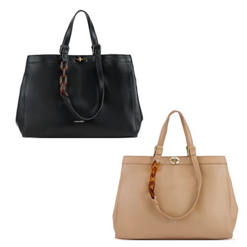 Two leather tote bags, one black with a chain detail and the other beige with a tortoiseshell-style handle.