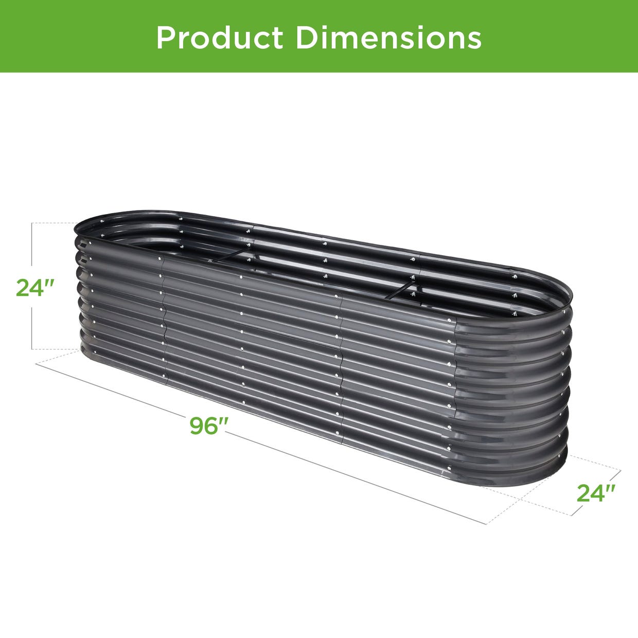 An oval garden bed measuring 96 inches by 24 inches, made of ribbed metal with a height of 24 inches.