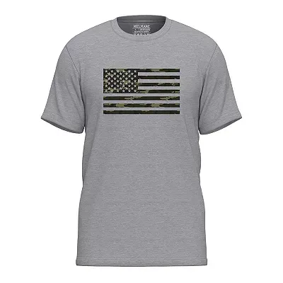 Men's short-sleeve gray T-shirt featuring a camo-designed American flag graphic on the chest.