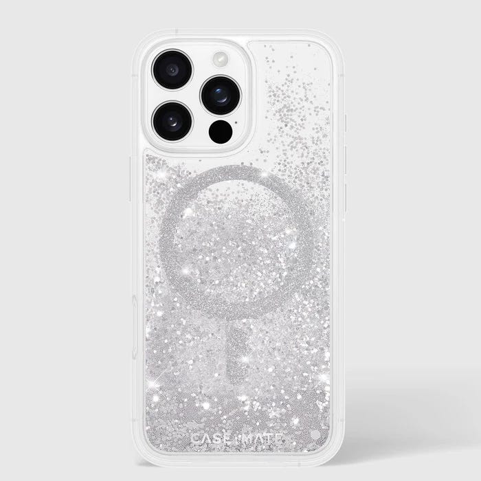 A transparent Case-Mate iPhone case with a glittery waterfall design and circular MagSafe compatibility marker, fitted for the iPhone 13 Pro.