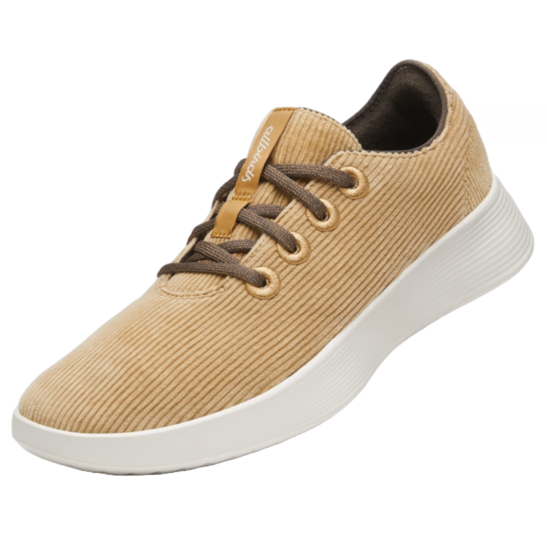 Allbirds Women's Corduroy Runners feature a beige corduroy upper with brown laces and a white rubber sole, offering a casual, stylish look for everyday wear.