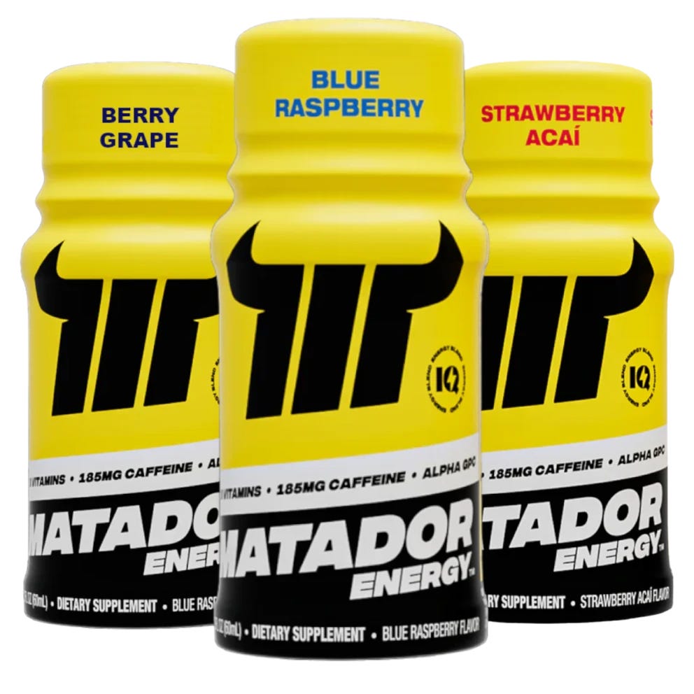 Matador Energy dietary supplements come in Berry Grape, Blue Raspberry, and Strawberry Açaí flavors, each containing 185mg of caffeine and vitamins.
