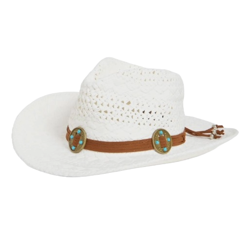 A white straw cowboy hat with a brown band adorned with turquoise-studded oval conchos.