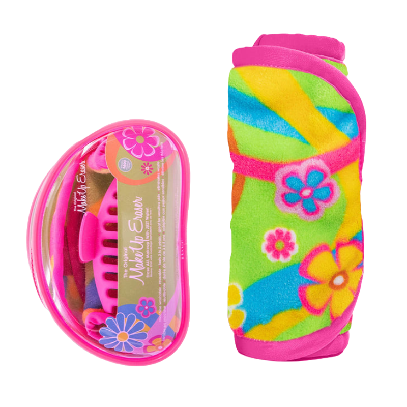 3-piece Makeup Eraser Flowerbomb Set includes a colorful, floral-patterned makeup-removing cloth and two mini erasers, packaged in a bright pink and clear case.