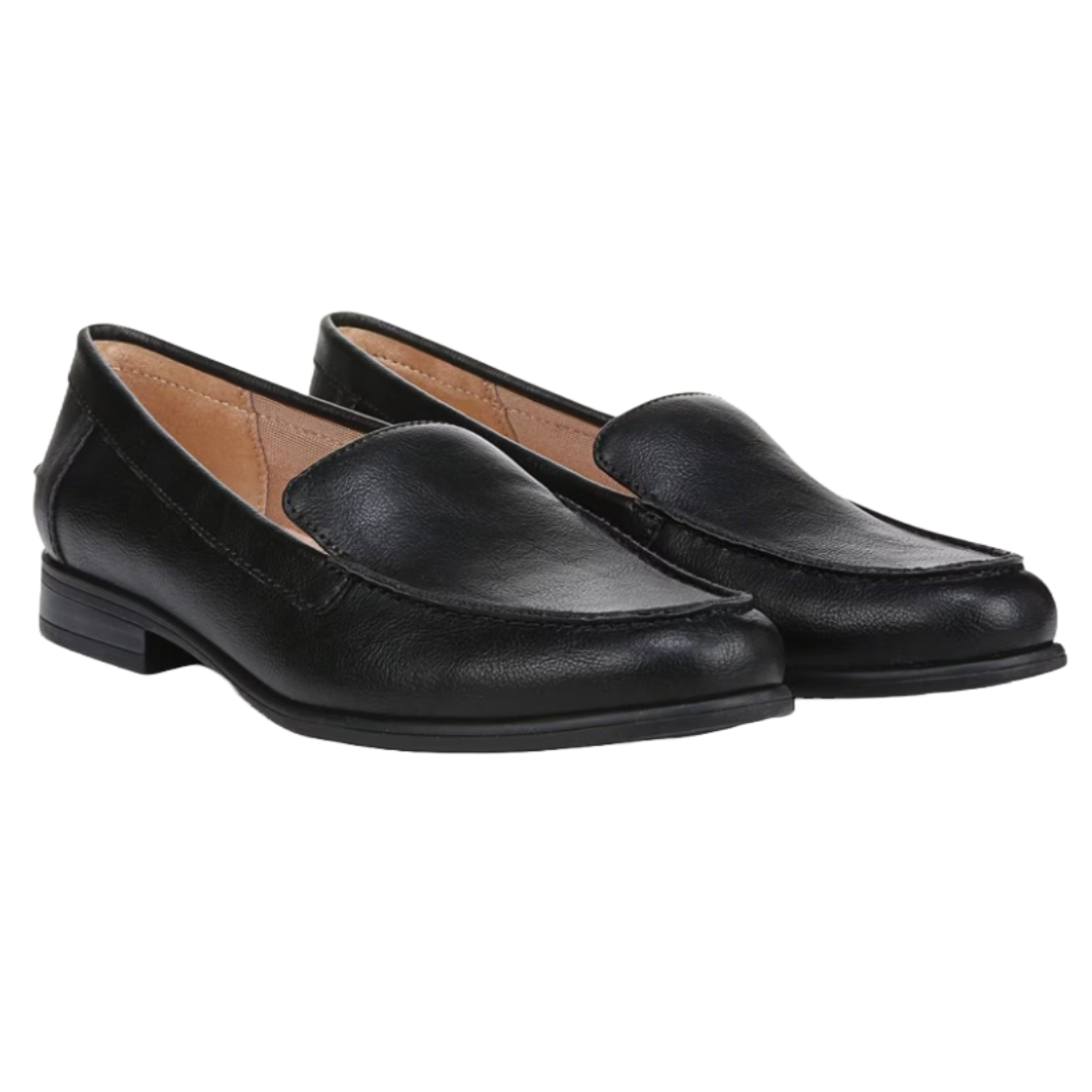 Black LifeStride Margot Loafers with a classic design, featuring a low stacked heel and rounded toe, crafted from smooth faux leather for a comfortable and stylish look.