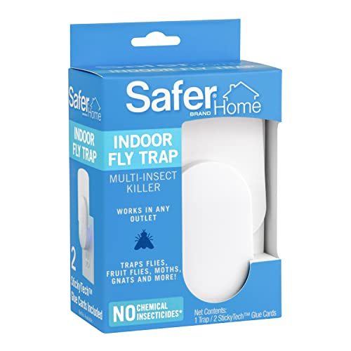 Safer Home Indoor Fly Trap is a multi-insect killer designed for indoor use, with no chemical insecticides, compatible with any outlet, and includes two sticky glue cards.
