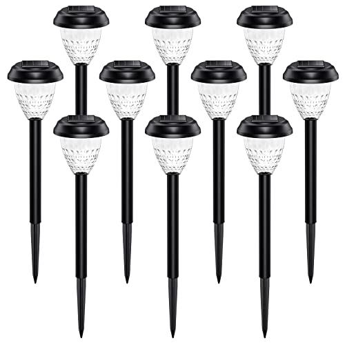 A set of 10 black-and-silver solar path lights with LED bulbs, featuring a classic design with a diamond-patterned clear plastic cover for light diffusion.