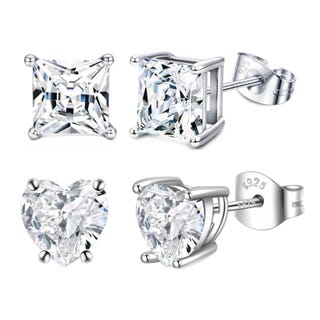 Two pairs of sterling silver stud earrings featuring square and heart-shaped cubic zirconia stones.