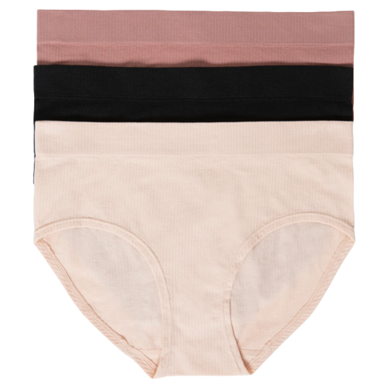Three pairs of women's seamless underwear in pink, black, and beige, stacked vertically.
