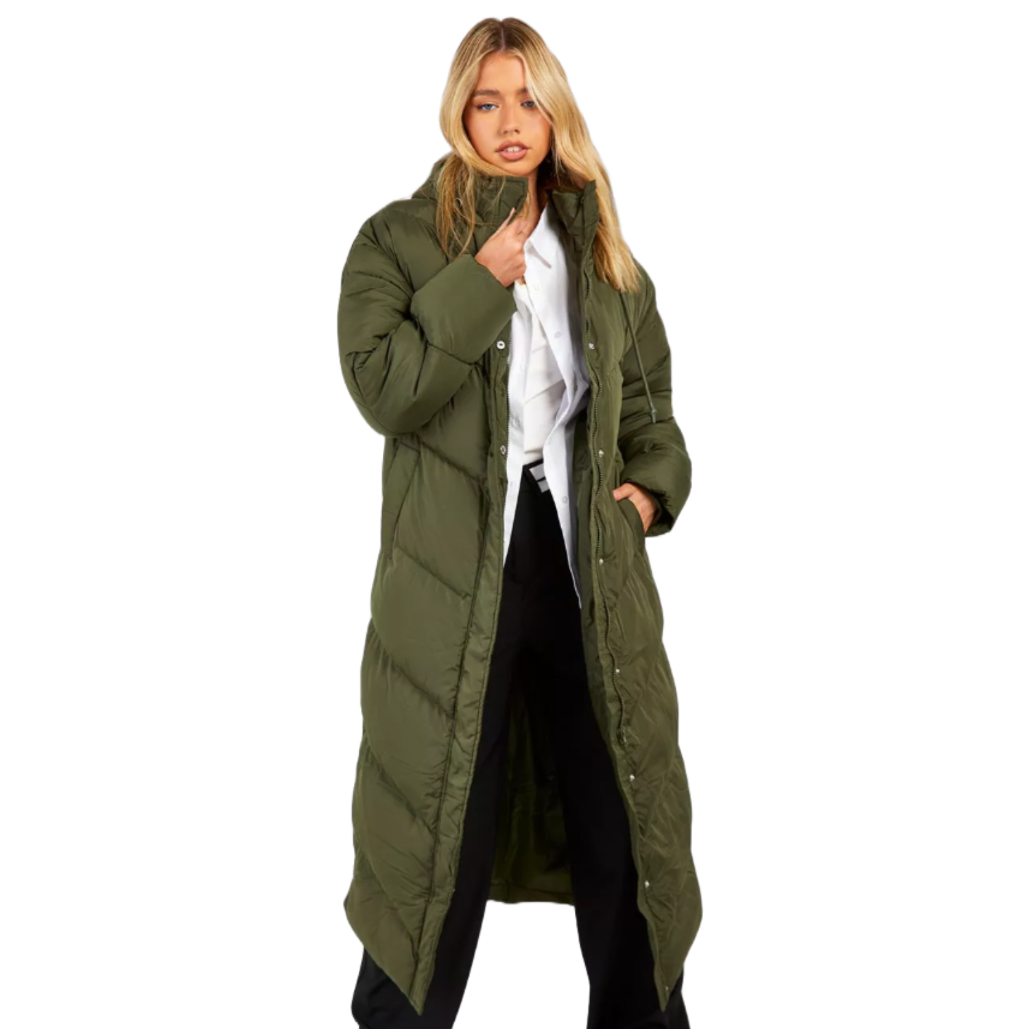 A long, olive green puffer coat with a high collar and snap buttons, featuring a quilted design and spacious fit. Perfect for keeping warm in cold weather.