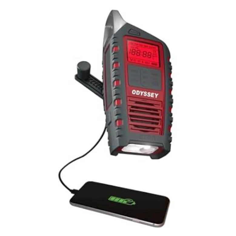 The Hand Crank NOAA Weather Radio features a rugged design with a red display, flashlight, and USB charging port. It's equipped for emergency weather updates and phone charging via a hand crank.