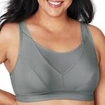 A gray sports bra worn by a smiling woman.