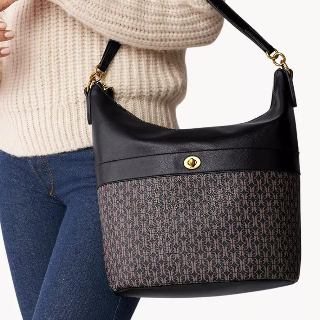 A black shoulder bag featuring a designer logo pattern and gold-colored hardware.