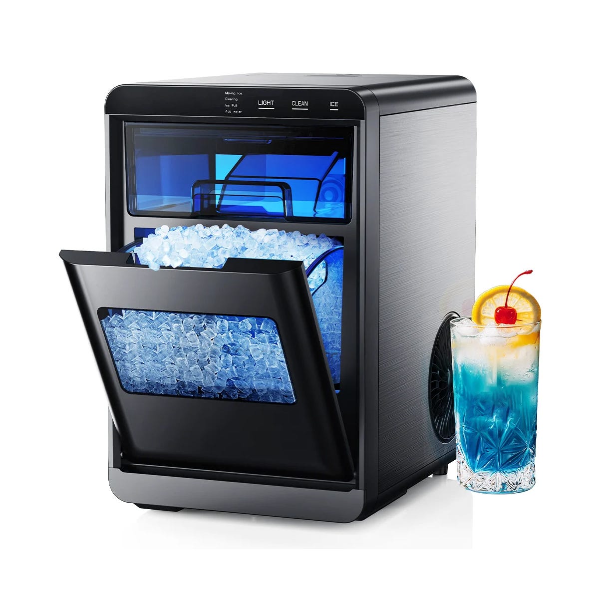 The 44lb Countertop Ice Maker is a sleek, compact appliance with a modern stainless steel finish, featuring a control panel on top and a front-loading ice compartment filled with clear ice cubes. A glass of blue cocktail with a lemon slice and cherry is placed beside it.