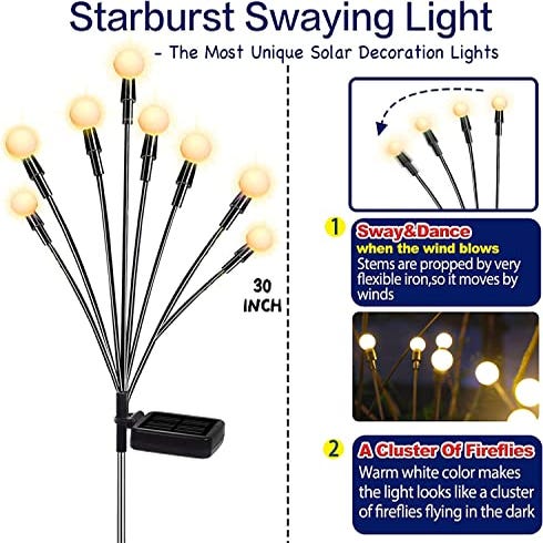 Solar-powered decorative lights designed to mimic fireflies; flexible stems sway in the wind, and warm white lights create a starburst effect at night.