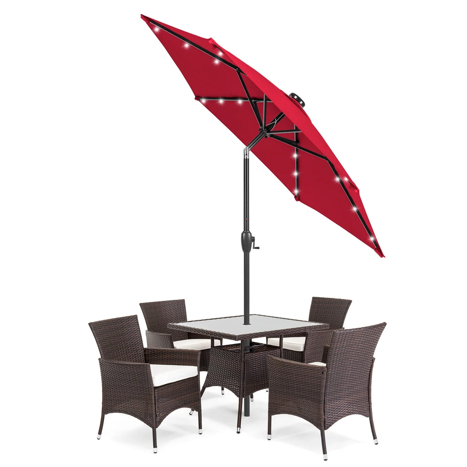 Patio set with a square glass-top table and four wicker chairs, featuring a large red tilt umbrella equipped with built-in LED lights.