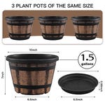 A set of three matching whiskey barrel-style planters, each with a 10-inch diameter, 7-inch height, and 1.5-gallon capacity, accompanied by a saucer.