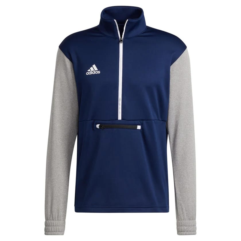 Adidas men's half-zip sweatshirt with a navy body, contrasting gray sleeves, Adidas logo on the chest, and a front zipper pocket.