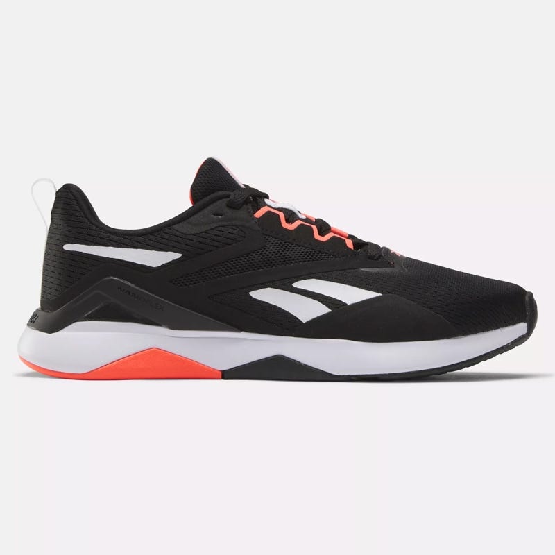 Black running shoe with white and red accents and a contrasting white sole.