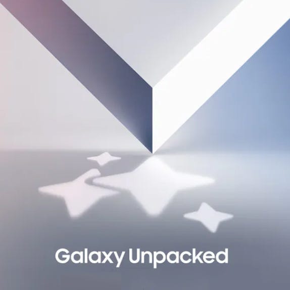 The photo shows a promotional graphic for a Galaxy Unpacked event, likely related to Samsung electronics announcements.