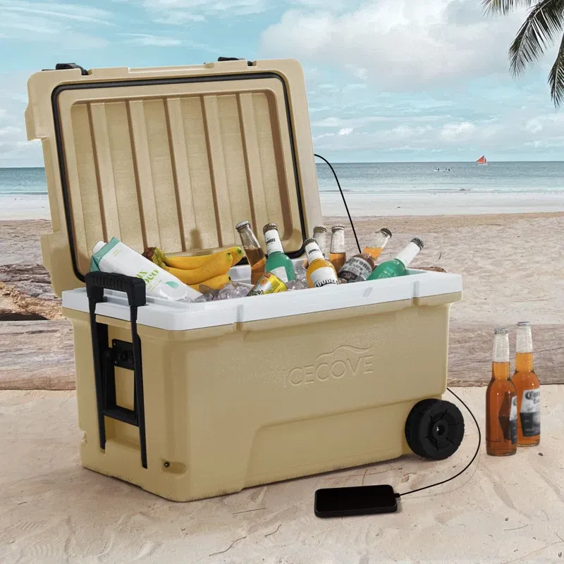 A wheeled cooler with assorted drinks and fruit on a beach, next to a smartphone.