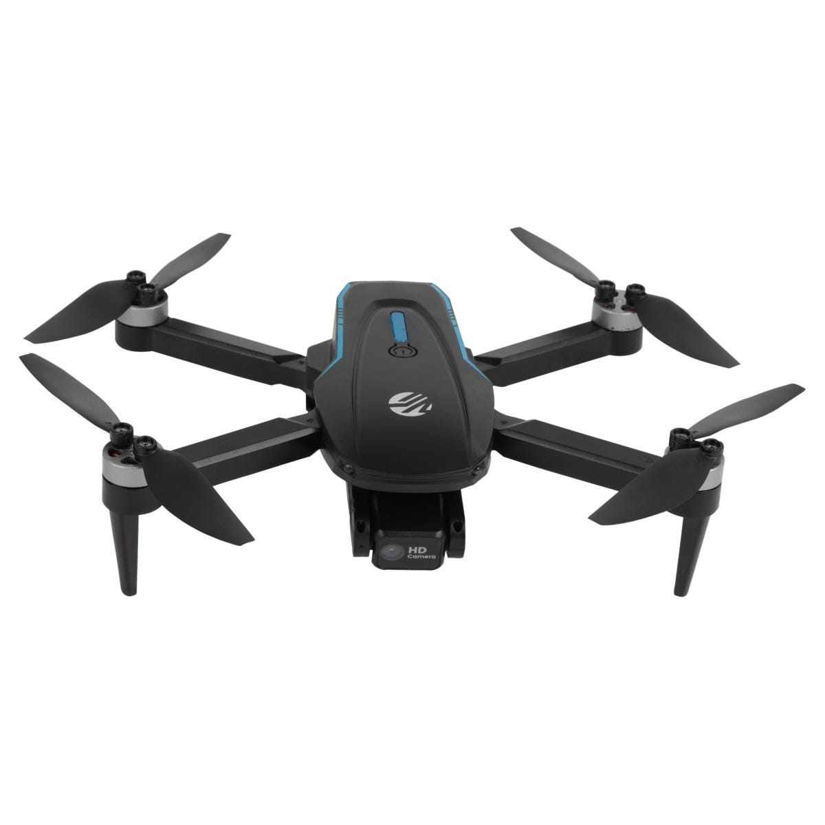 A compact, foldable drone with four propellers and a built-in HD camera, featuring a sleek black design with blue accents.