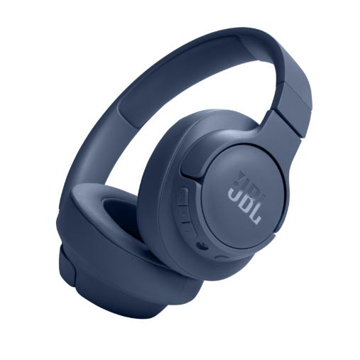 Blue over-ear wireless headphones with the JBL logo, featuring cushioned ear pads and control buttons on the side.