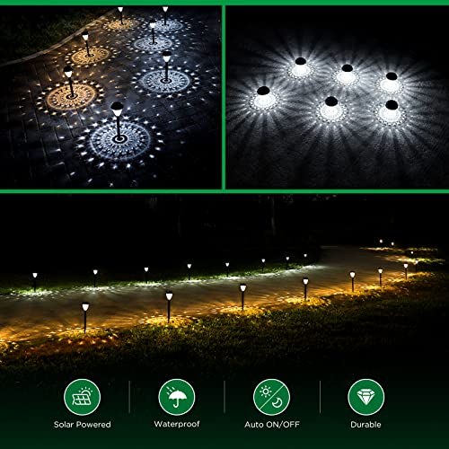 A set of LED solar path lights illuminate a walkway, showcased by a nighttime photo with individual icons depicting their solar power, waterproof, automatic operation, and durability features.