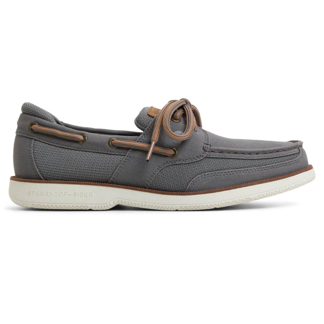 Gray Sperry Top-Sider boat shoe with brown laces and white sole, featuring a textured upper and classic stitching detail.