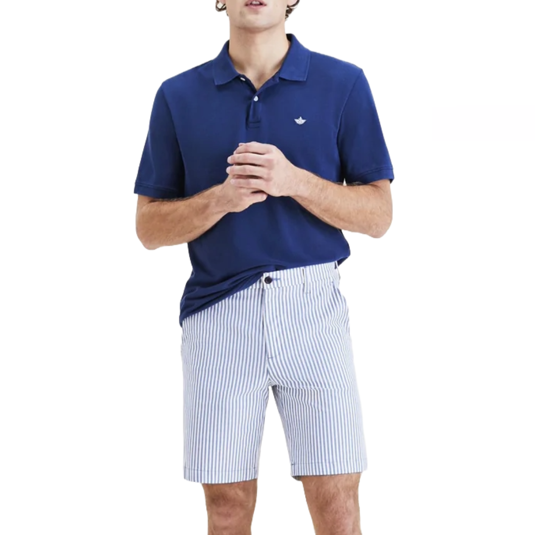 White and blue seersucker shorts with vertical stripes, button closure, and belt loops.