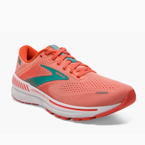 A single coral and teal-colored Brooks Adrenaline GTS running shoe.