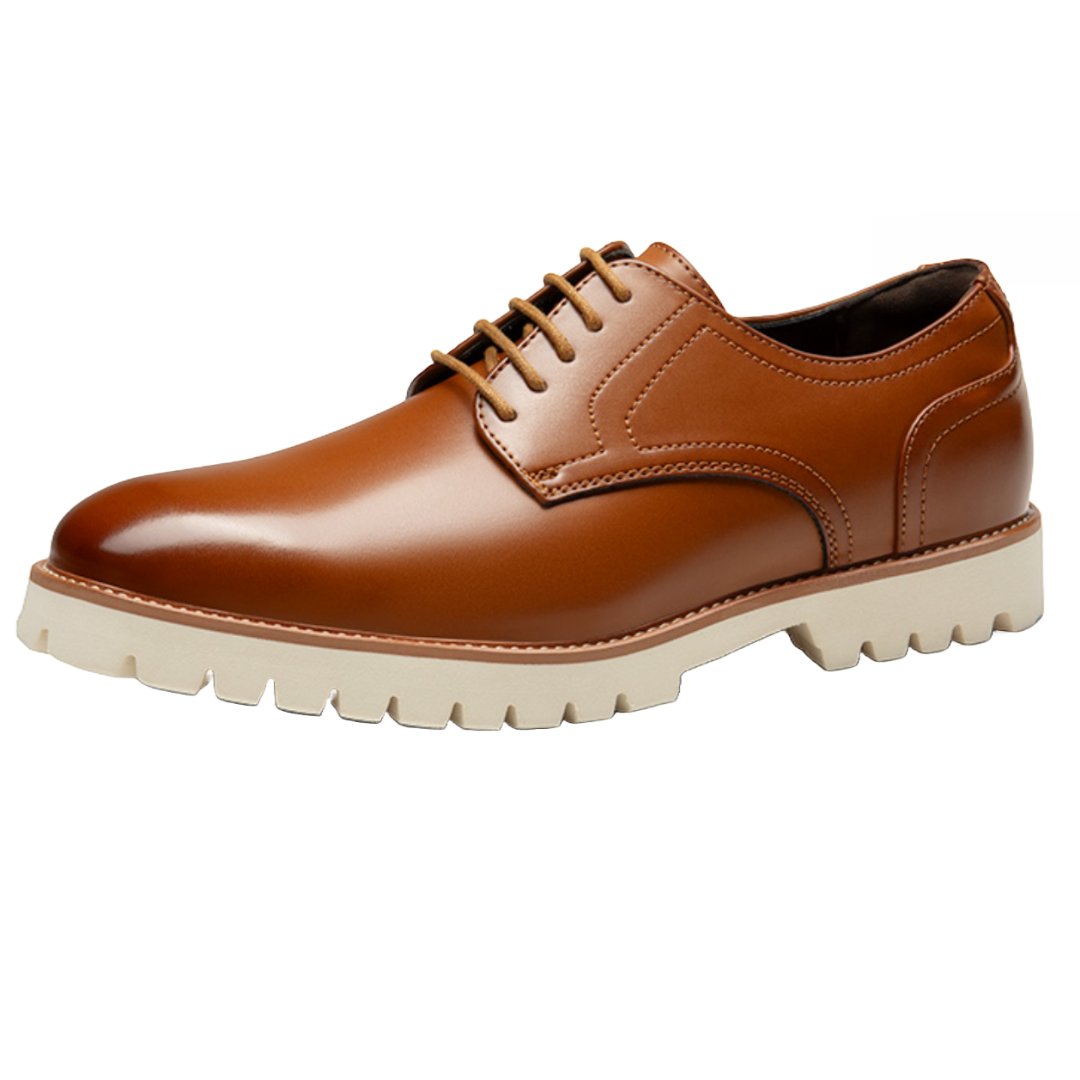 Bruno Marc Oxford Dress Shoes are brown with a sleek design, featuring a lace-up closure and a sturdy, beige rubber sole with a lug pattern for grip. Ideal for formal occasions or business attire.