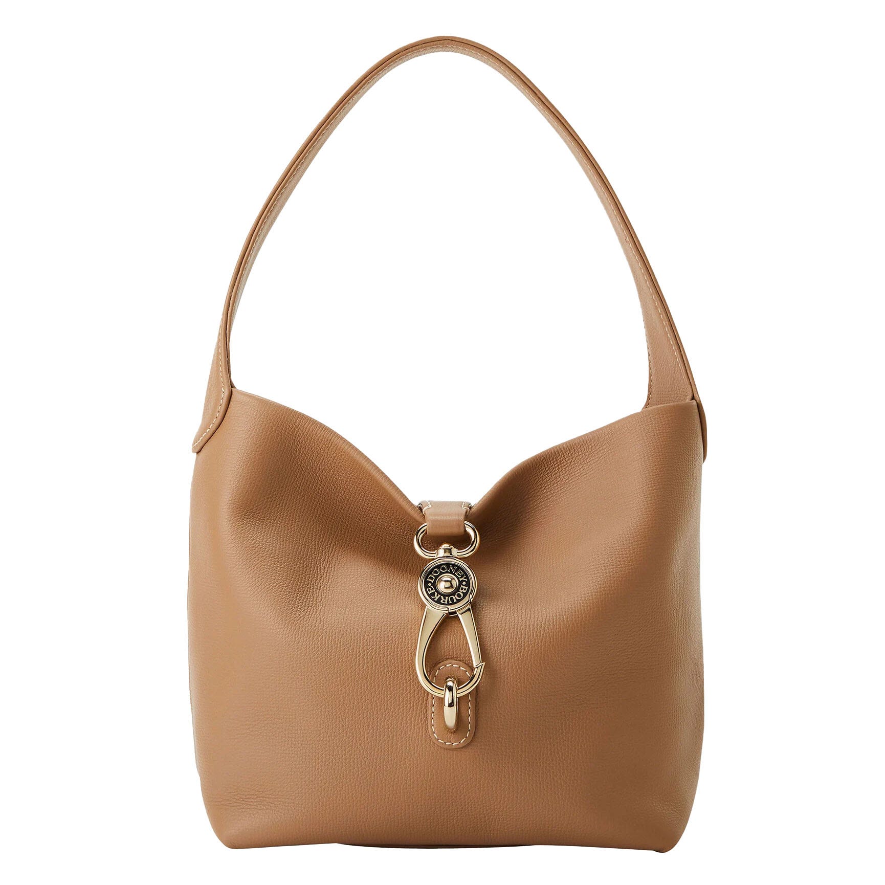 A tan leather hobo bag with a single strap, featuring a gold-tone clasp adorned with a circular logo. The bag's design is minimalist and elegant, emphasizing its luxurious texture and shape.