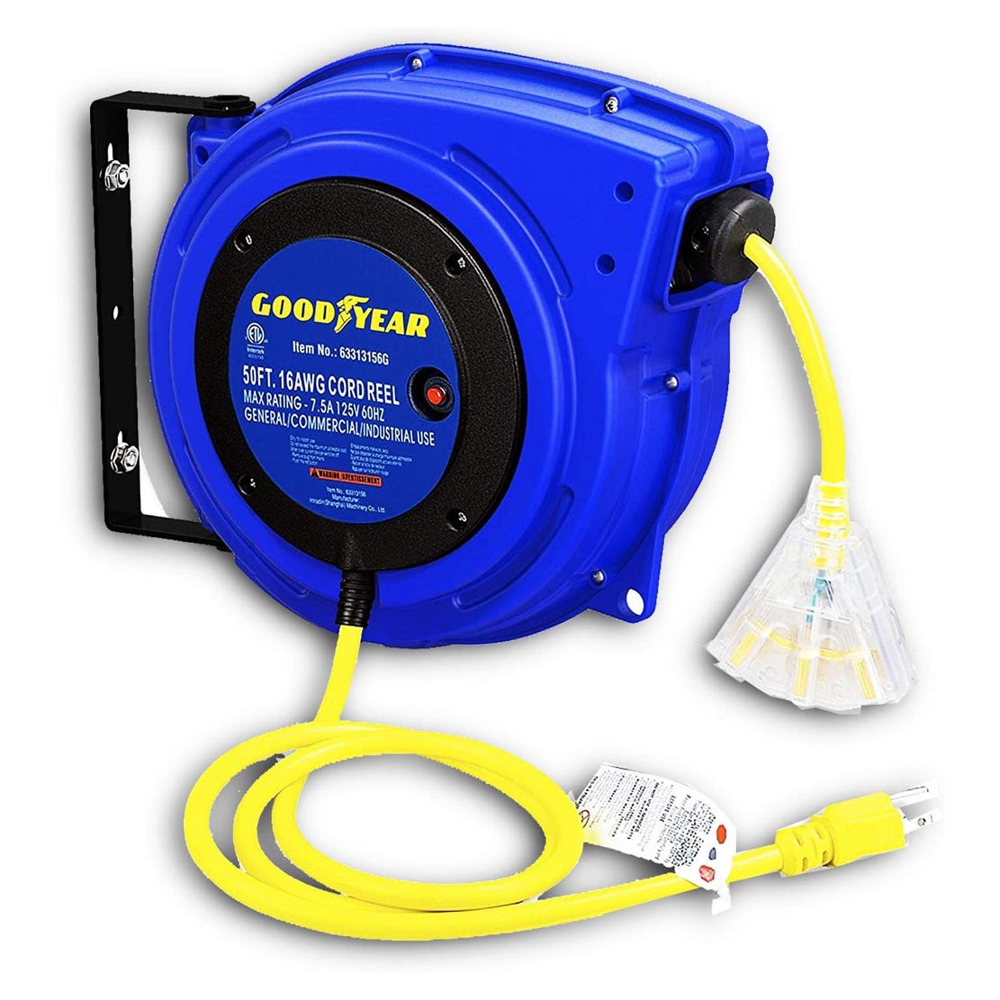 A blue Goodyear extension cord reel with a 50-foot yellow cable and a transparent triple outlet connector.