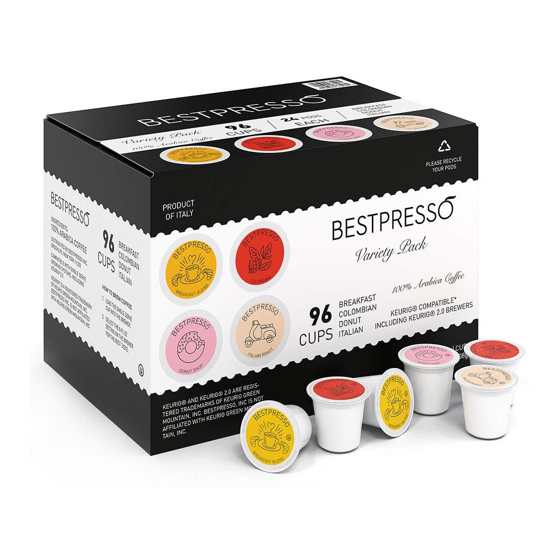 A box of Bestpresso coffee pods with a variety pack of 96 capsules, compatible with Keurig 2.0 brewers.