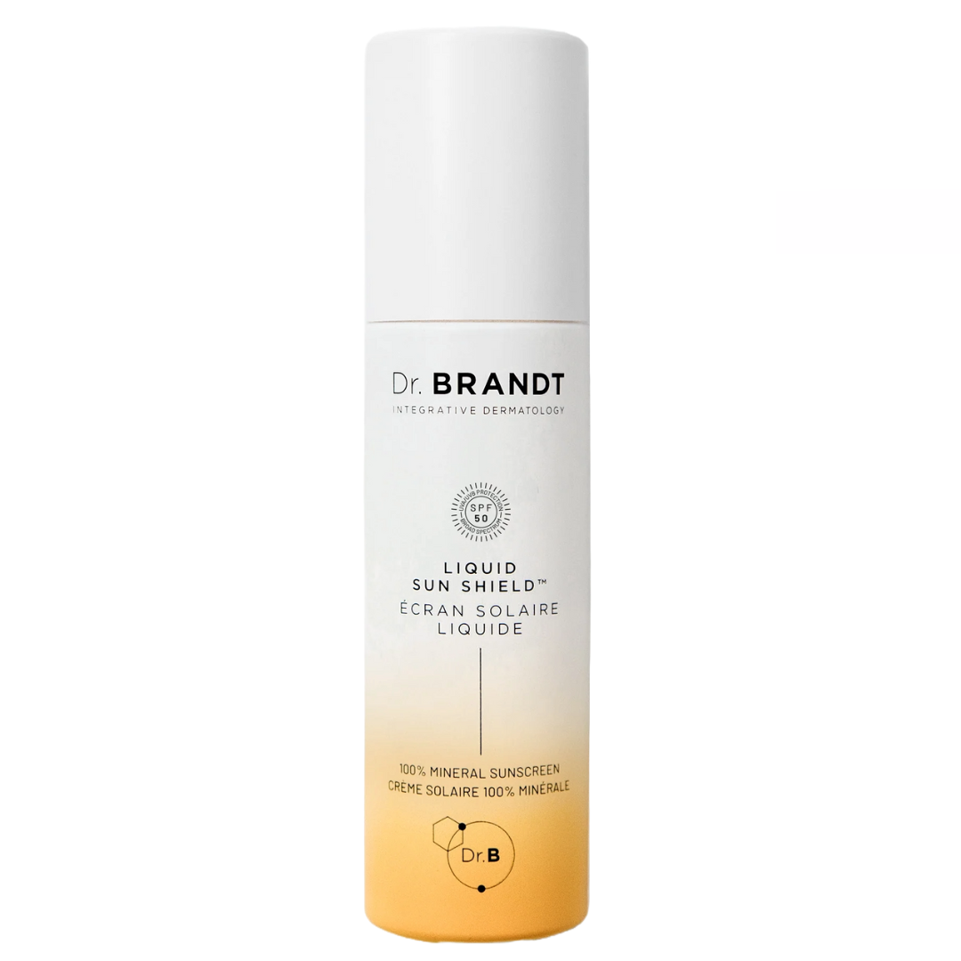 Dr. Brandt Liquid Sun Shield is a 100% mineral sunscreen with SPF 50, designed for solar protection. It comes in a sleek bottle labeled in both English and French.