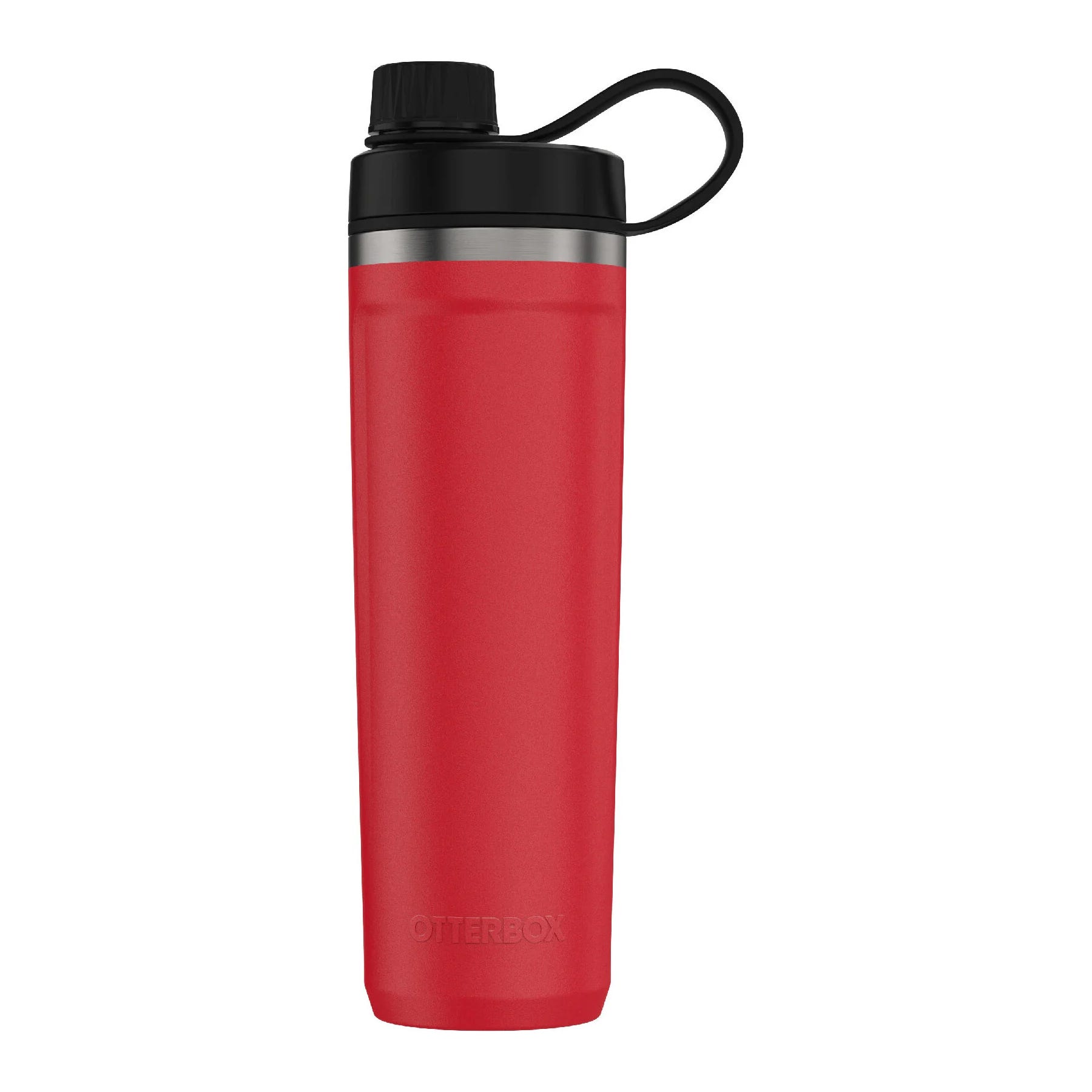 OtterBox 28oz Sport Bottle features a sleek red design with a black cap and a flexible carrying strap, offering durable hydration on the go.